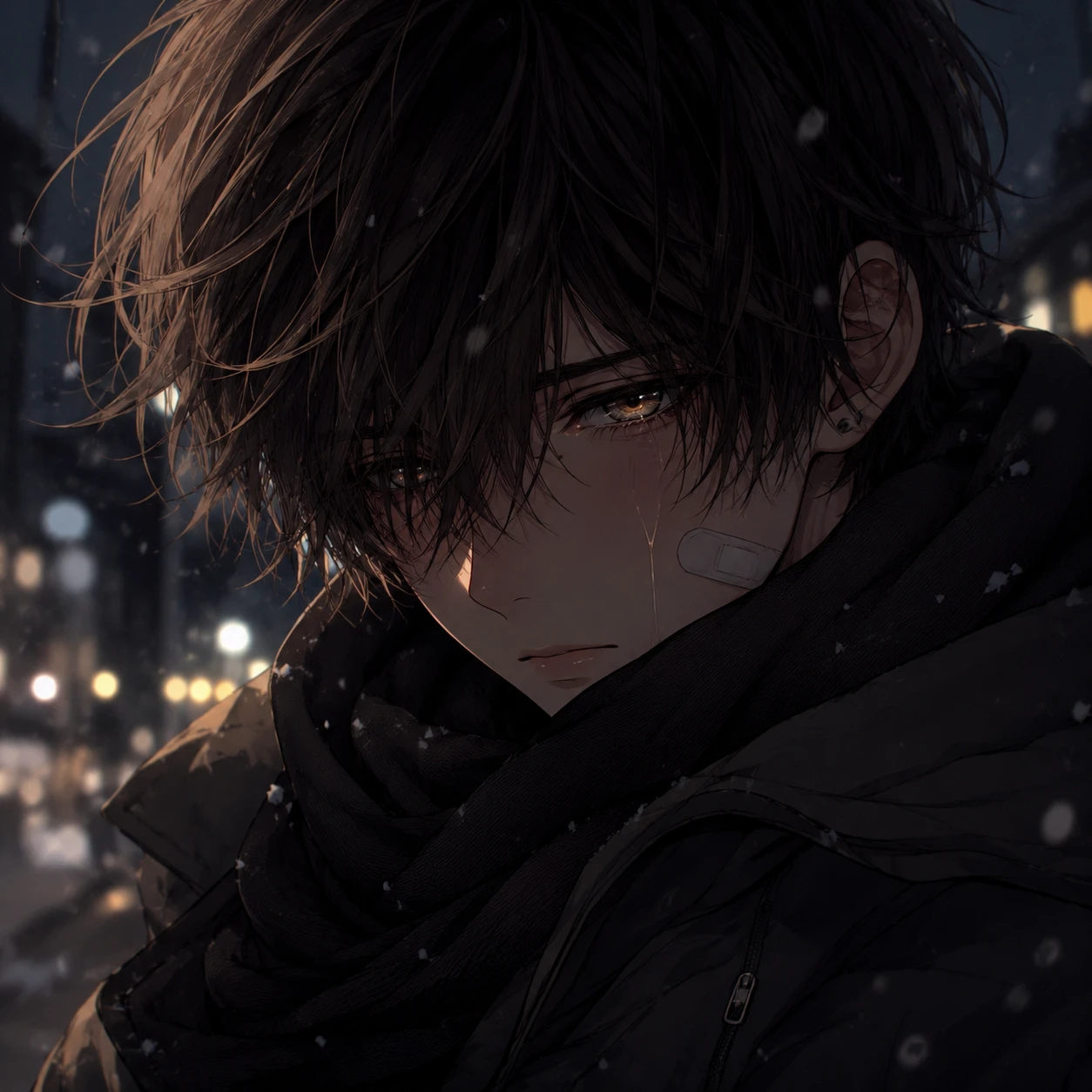 Melancholy Anime Boy with Golden Tears in Snowfall