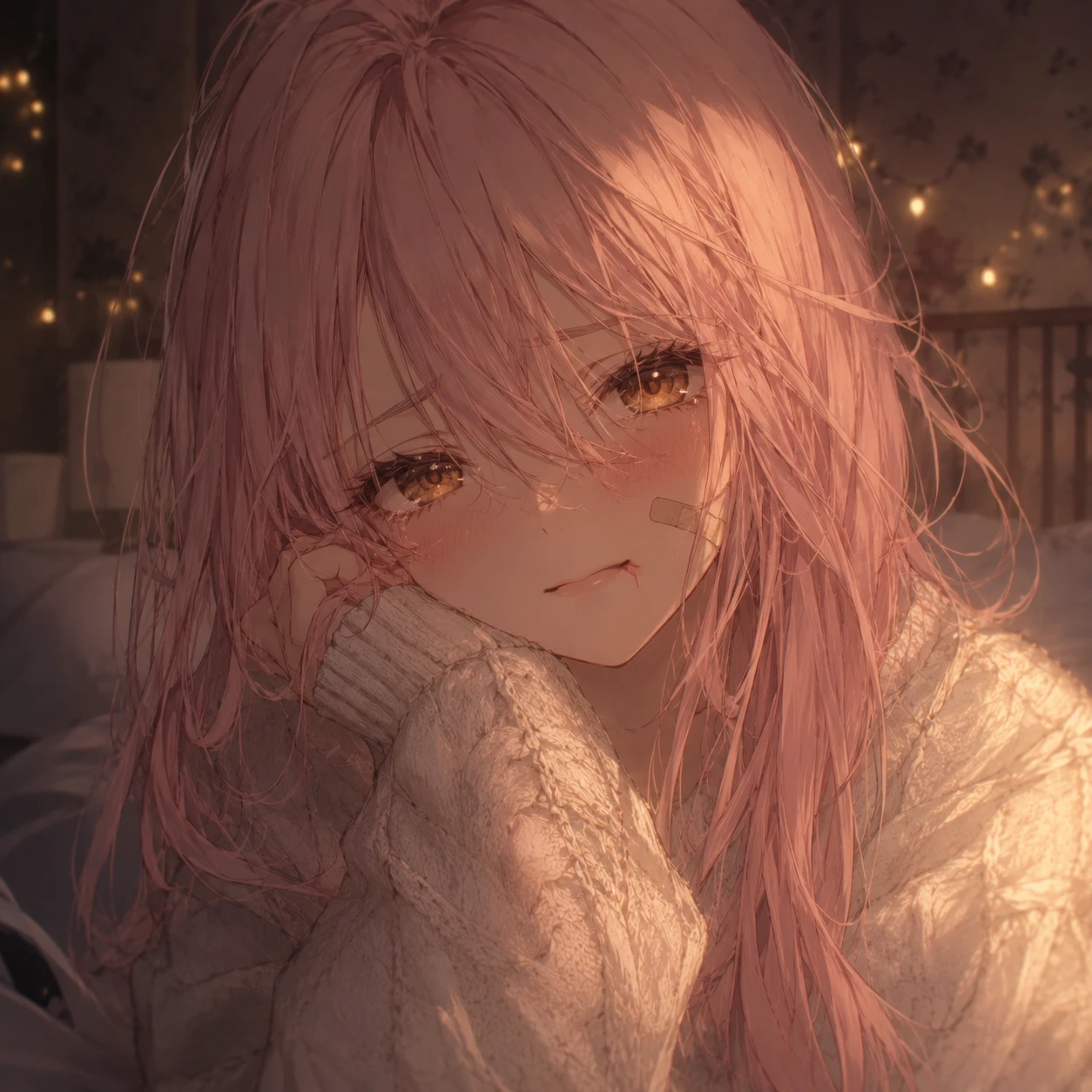 Melancholy Anime Girl with Rosy Hair and Bandage
