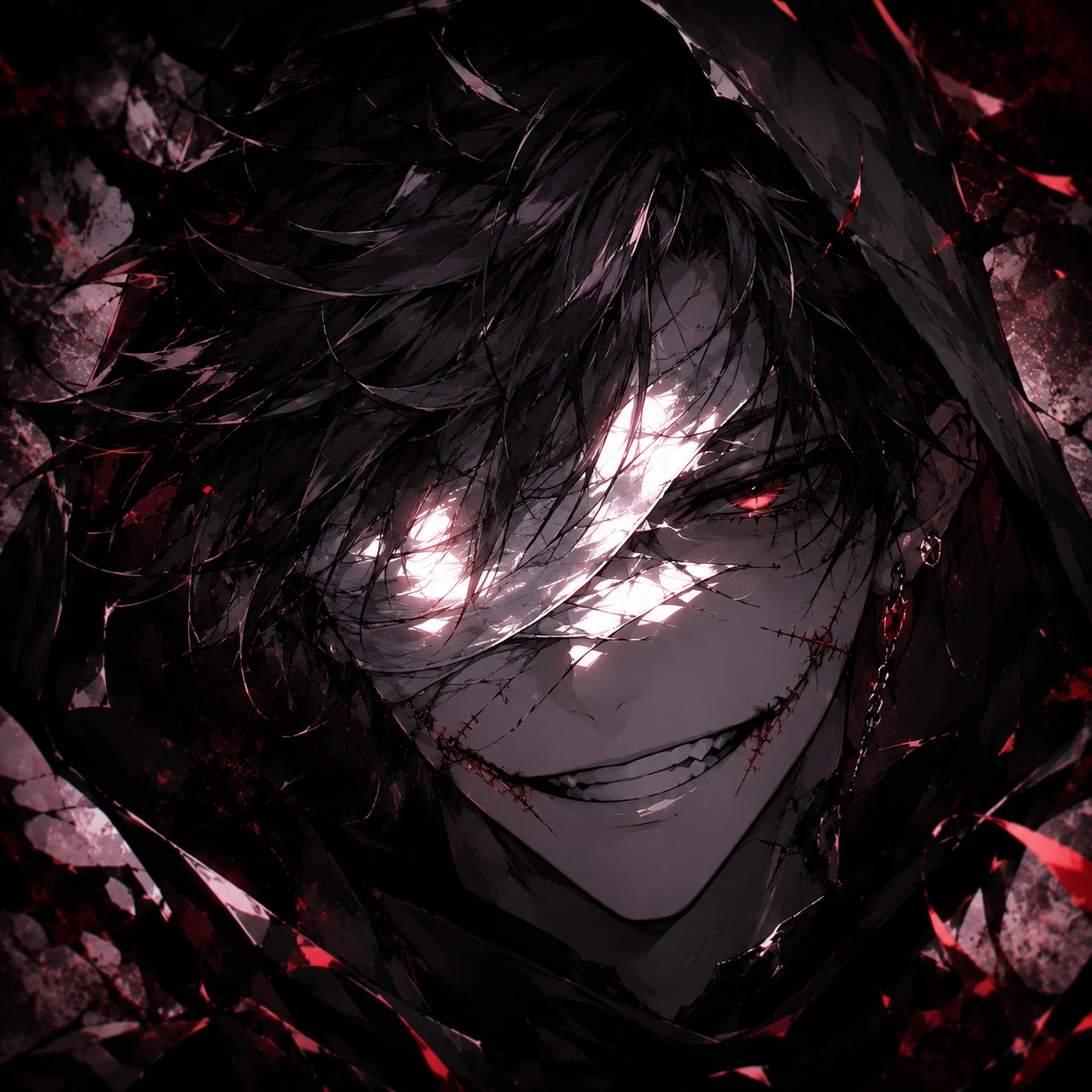 Menacing Anime Villain with Glowing Red Eyes