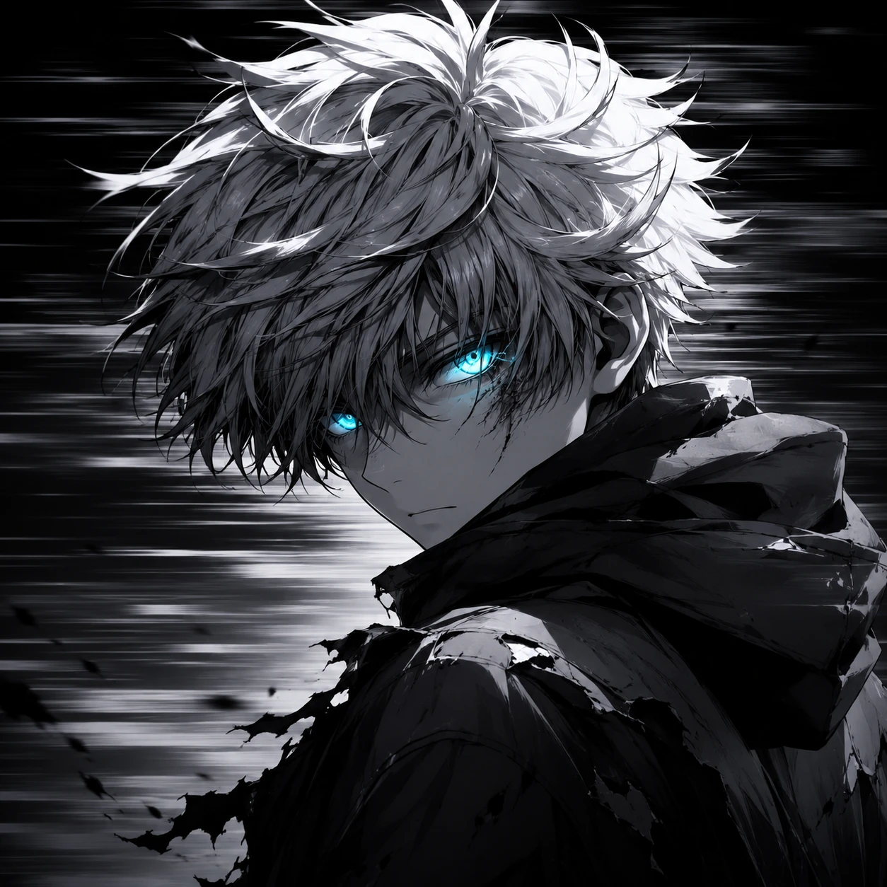 Monochrome Anime Boy with Piercing Blue Gaze