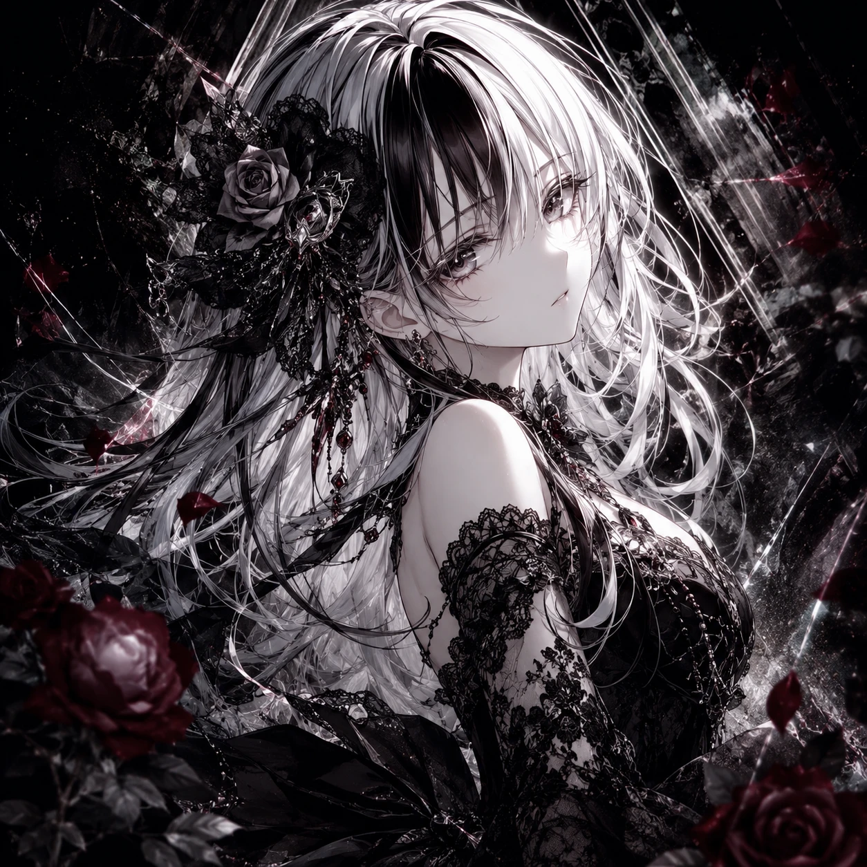 Monochrome Anime Girl with Rose Adornments