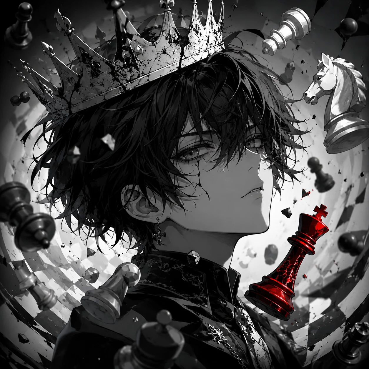 Monochrome Anime King with Crimson Chess Piece