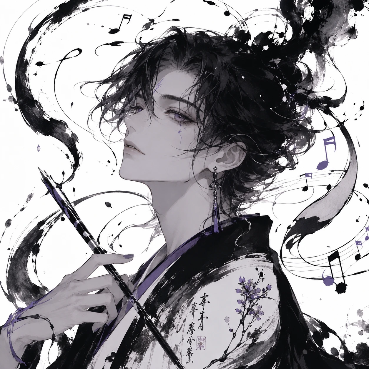 Monochrome Anime Man with Ink Music Notes