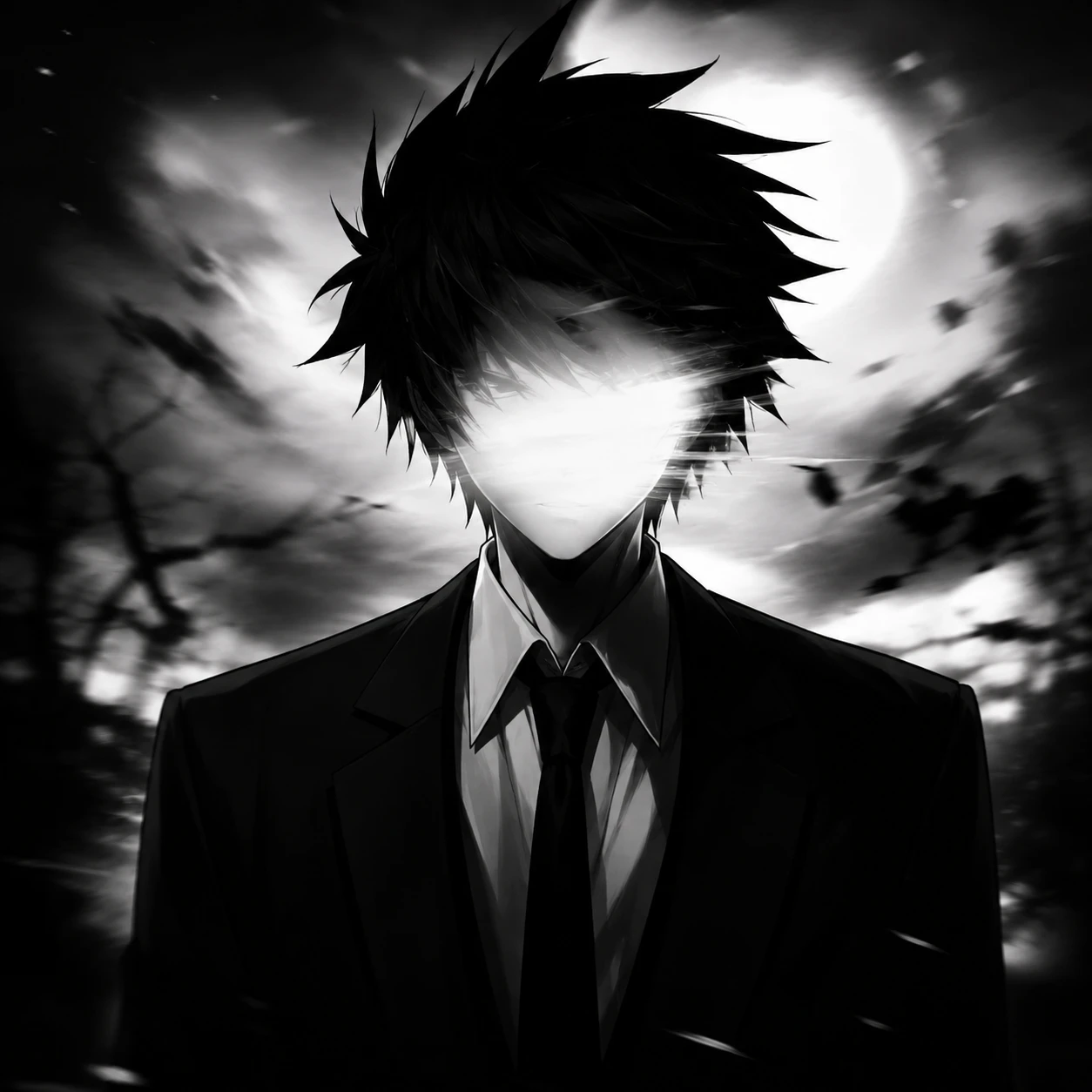 Monochrome Anime Man with Luminous Face in Suit