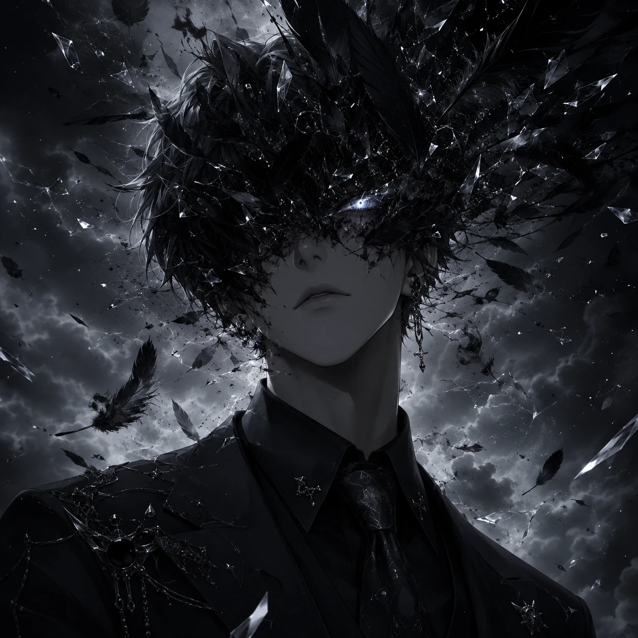 Monochrome Anime Man with Shattered Visage