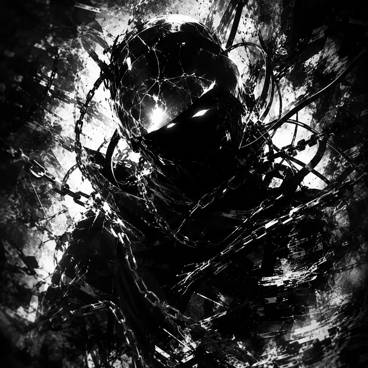 Monochrome Enigma Chained Figure in Shattered Sphere