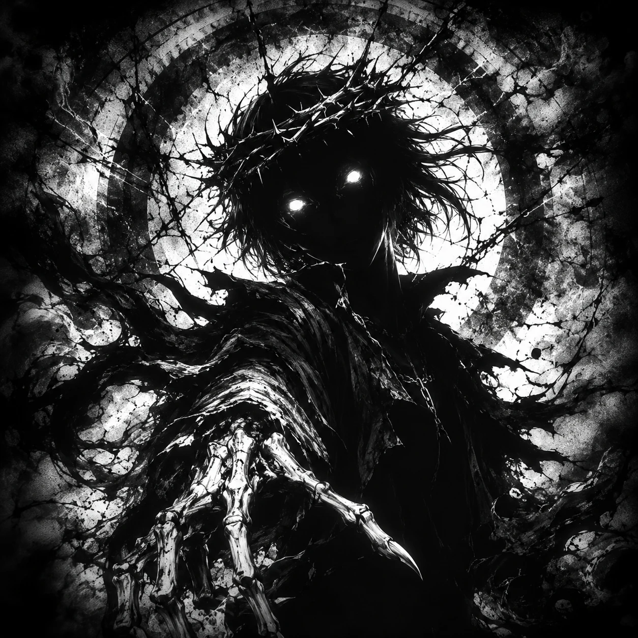 Monochrome Figure with Thorn Crown and Glowing Eyes