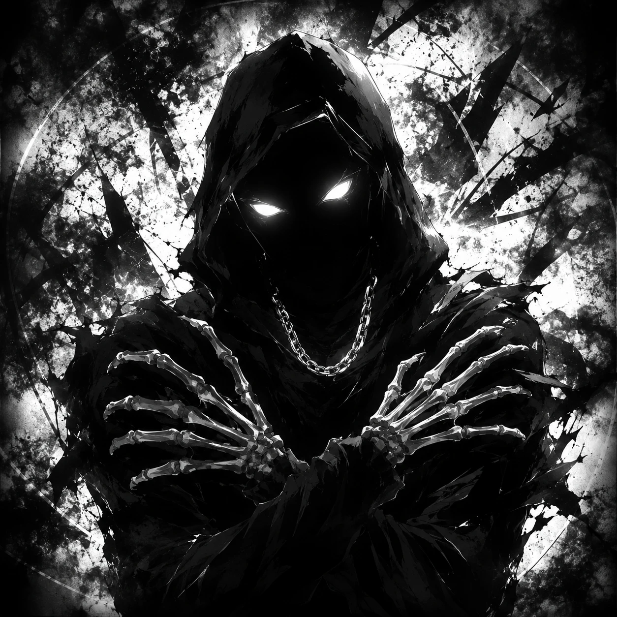 Monochrome Grim Reaper with Glowing Eyes and Chain
