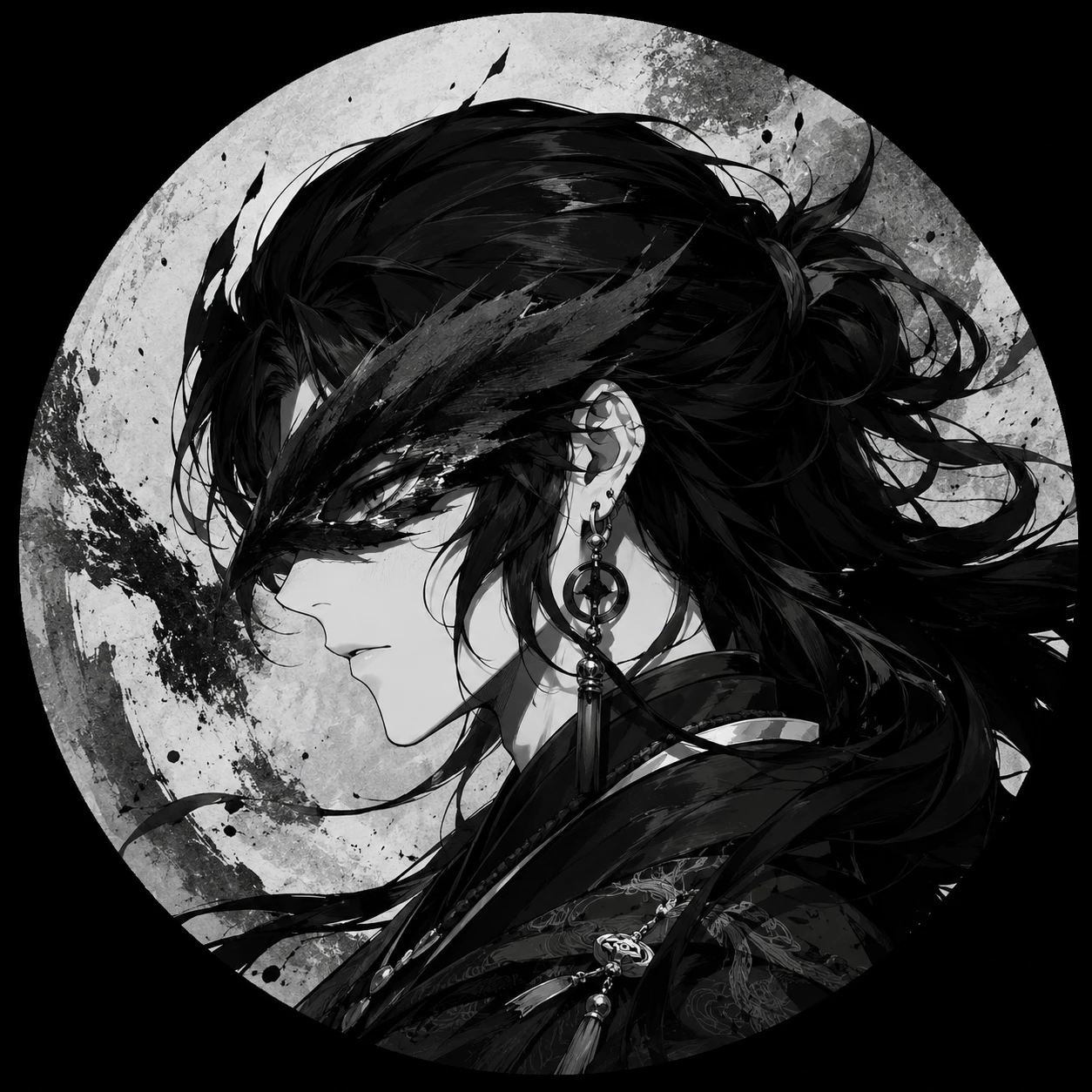Mysterious Anime Man in Feathered Mask Under Moon