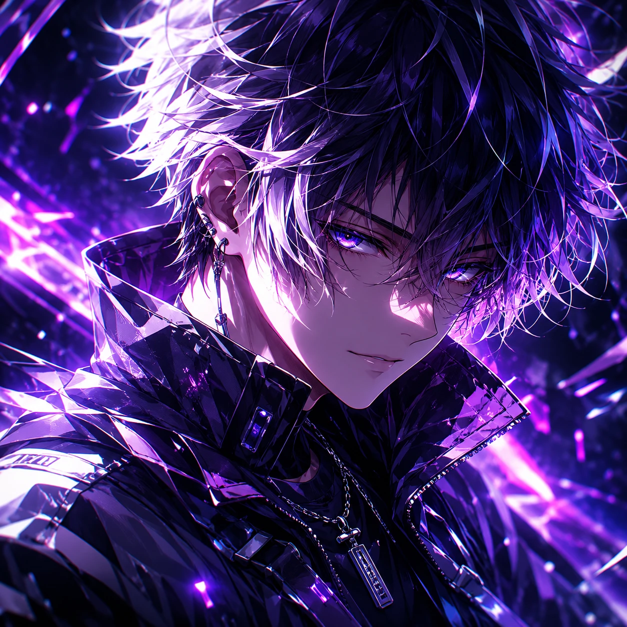 Neon Purple Anime Boy with Messy Hair and Piercings