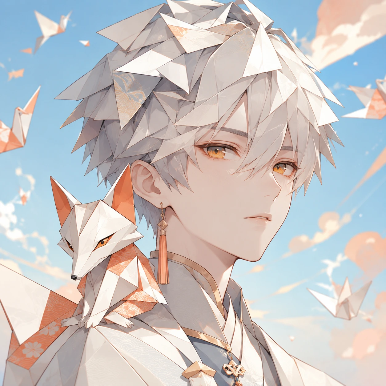 Origami Boy with Paper Fox Familiar in Pastel Sky