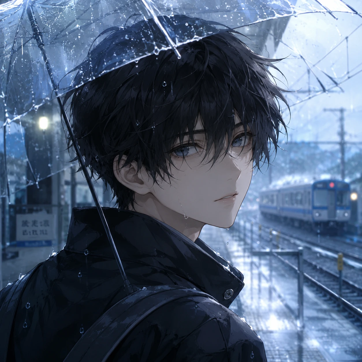 Pensive Anime Boy Under Rainy Umbrella by Train Tracks