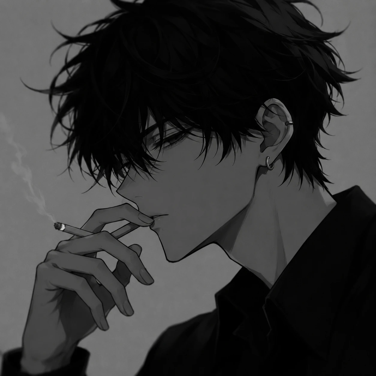 Pensive Anime Boy with Cigarette in Monochrome