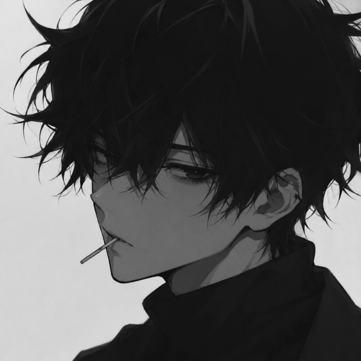 Pensive Anime Boy with Lollipop in Monochrome Art Style