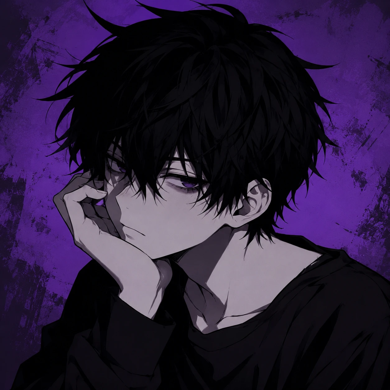 Pensive Anime Boy with Violet Eyes on Grunge Purple