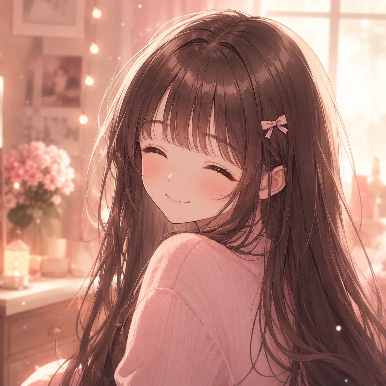 Smiling Anime Girl in Soft Pink Light
