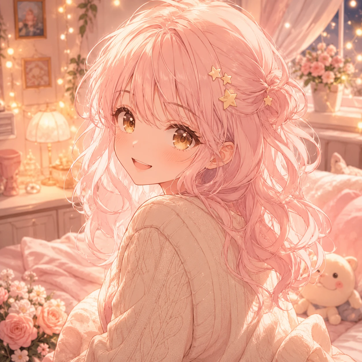Smiling Anime Girl with Star Hairpins in Pink Bedroom