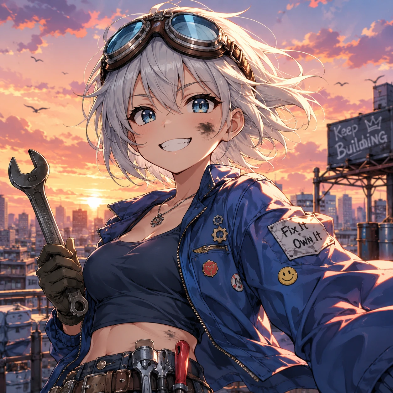 Smiling Anime Mechanic Girl with Sunset Cityscape