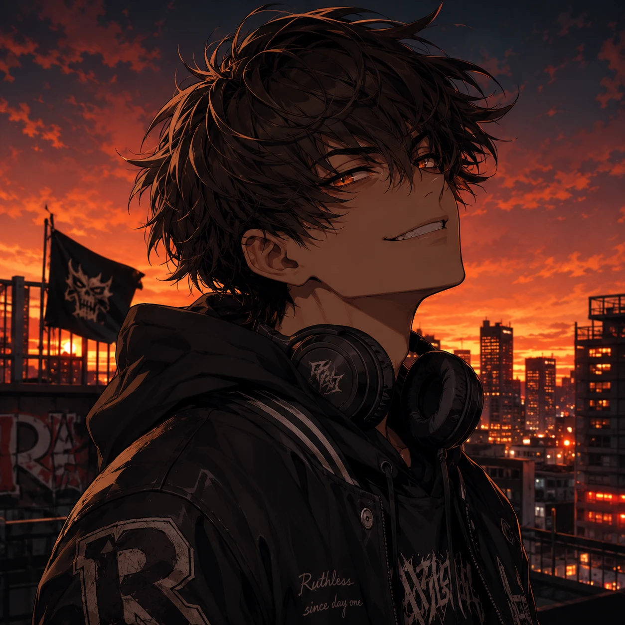 Smirking Anime Guy at Sunset Rooftop View
