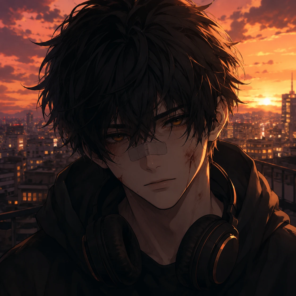 Wounded Anime Boy at Sunset Cityscape