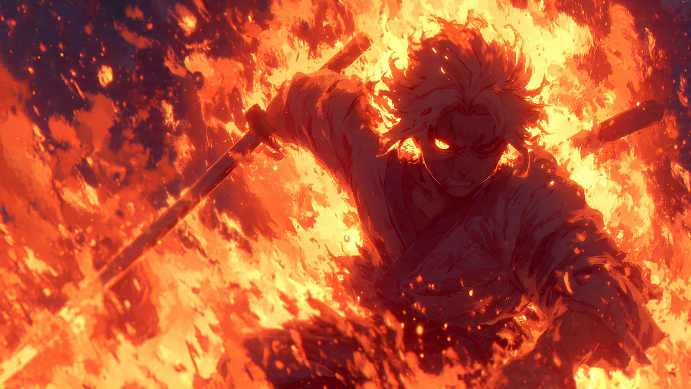 Flame Rage Warrior – Ultra Fire Anime Action 8K PC Wallpaper
