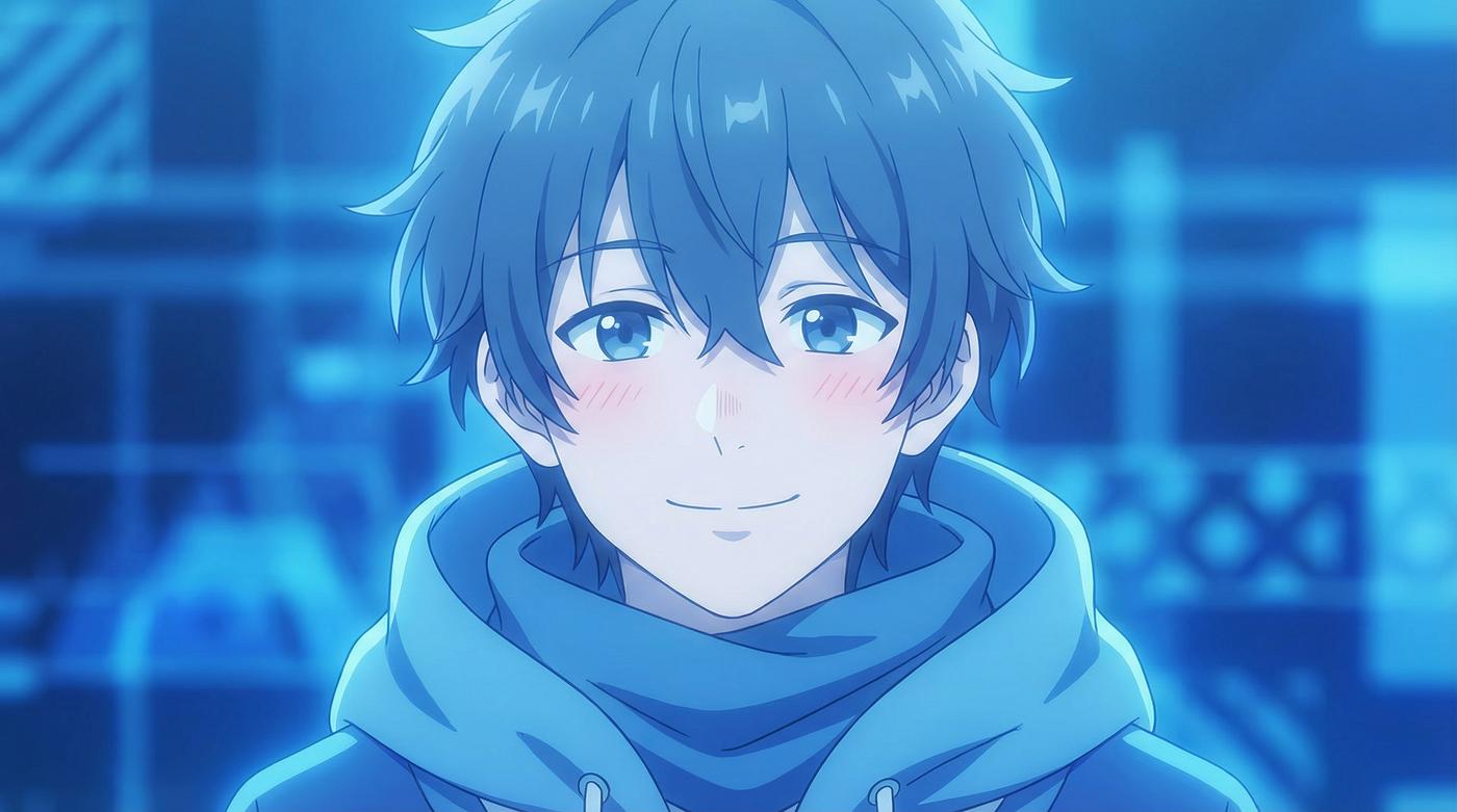 Soft-Smiling Anime Boy Under Blue Neon Lights