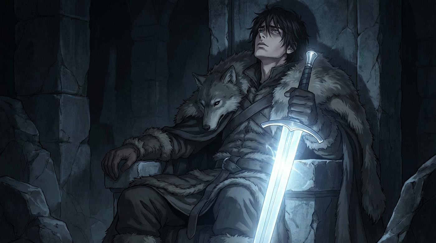 Anime Warrior Sitting on Stone Throne Holding Glowing Sword with Wolf