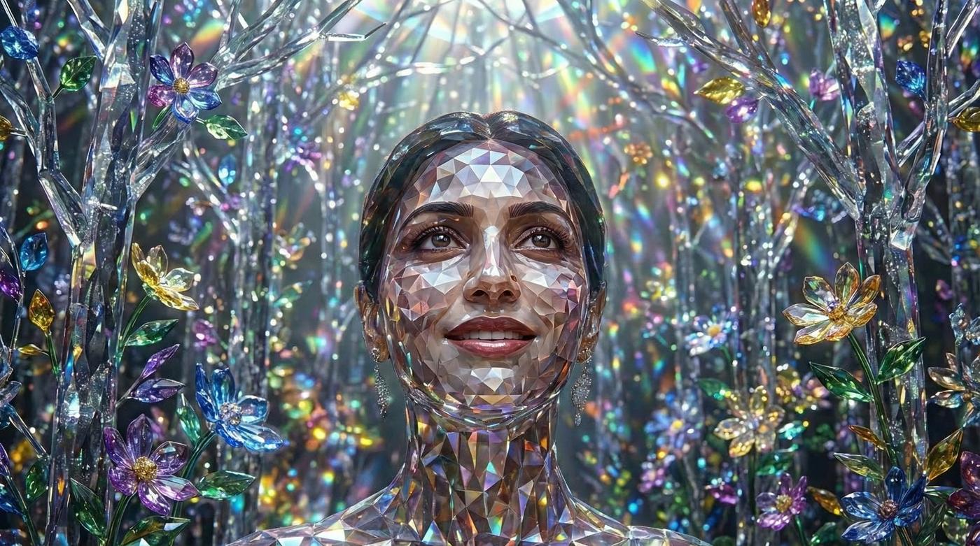 A Woman Formed from Light Inside a Crystal Garden
