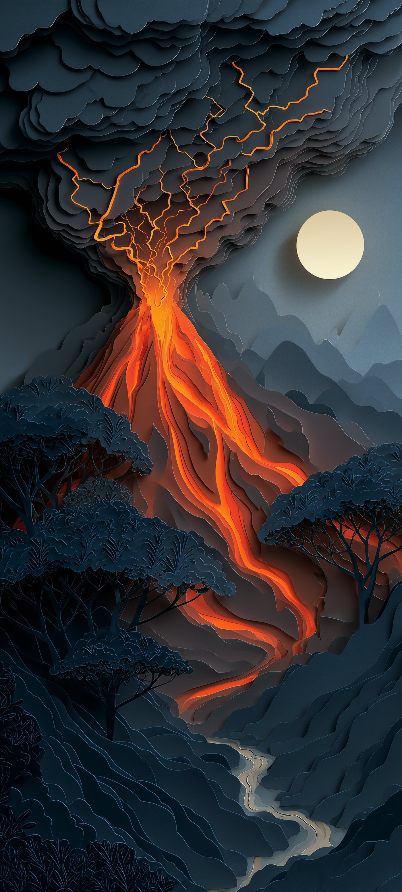 Volcano Eruption Paper Art Landscape Wallpaper