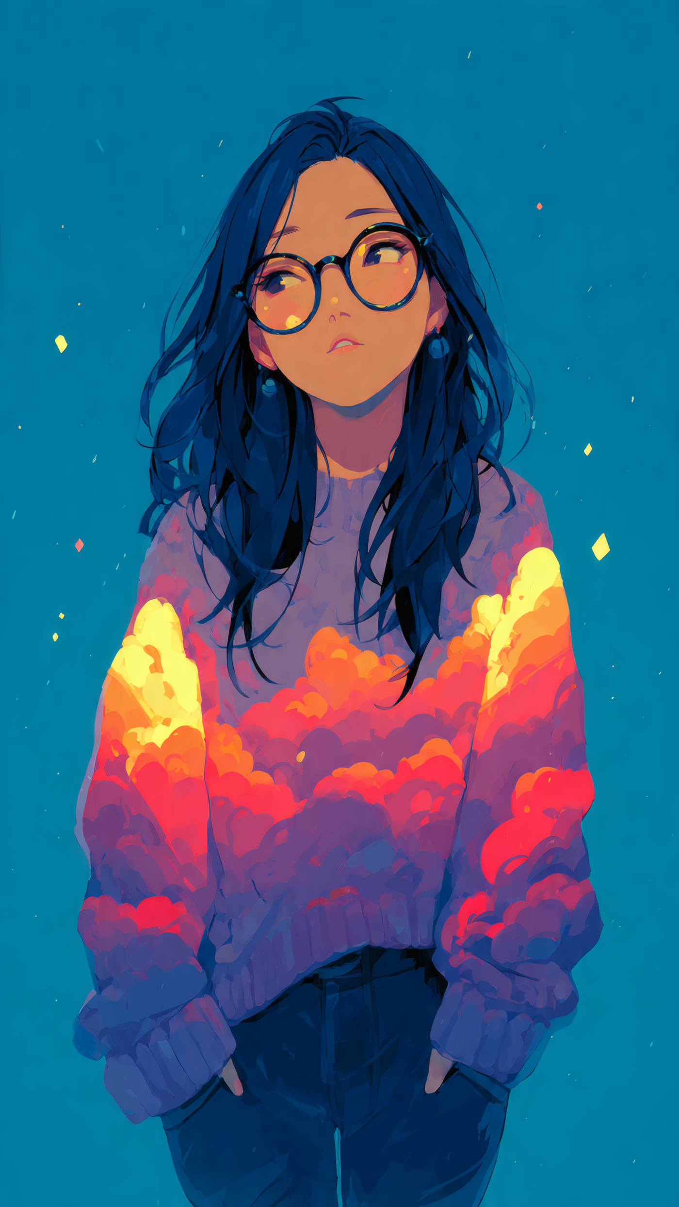 Anime Girl with Glasses and Colorful Sweater