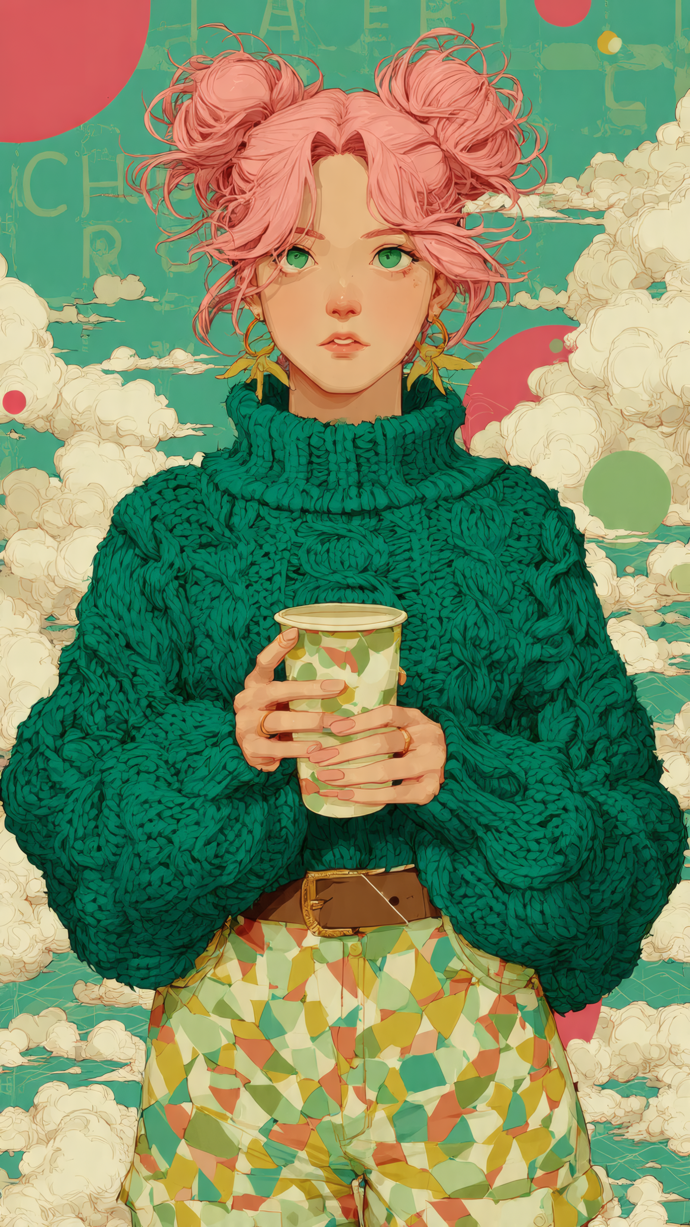Girl with Pink Hair Holding Coffee
