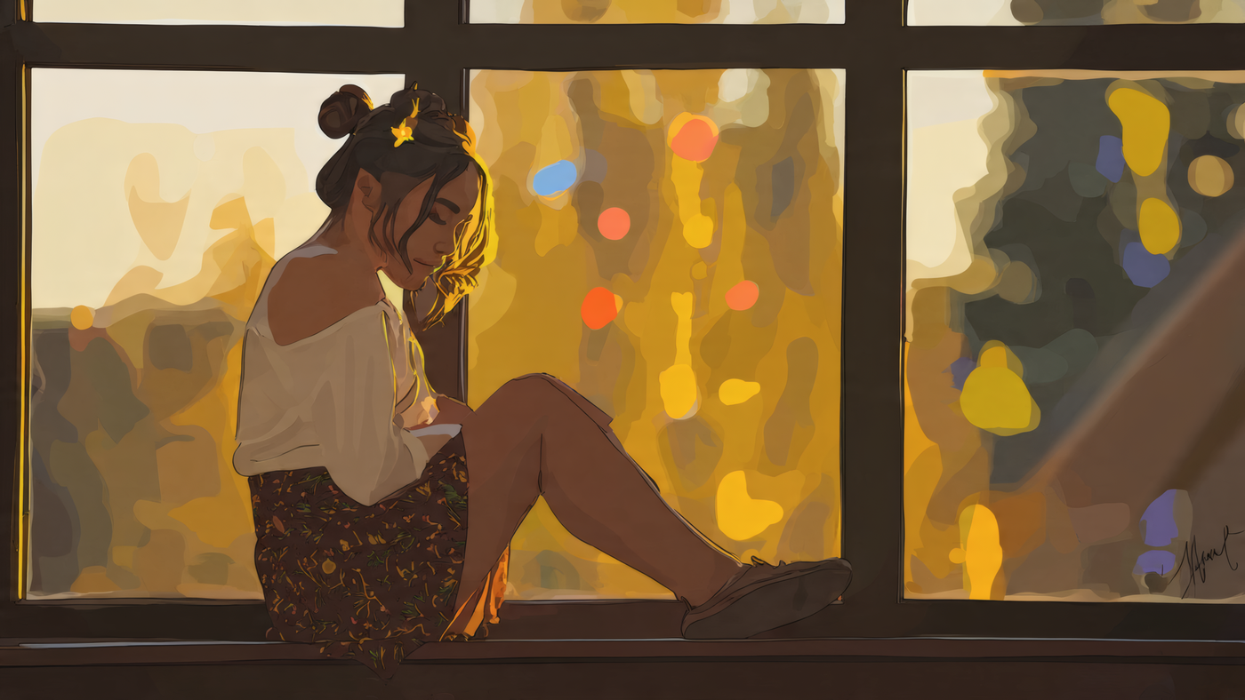 Woman Sitting at Window Artwork Wallpaper