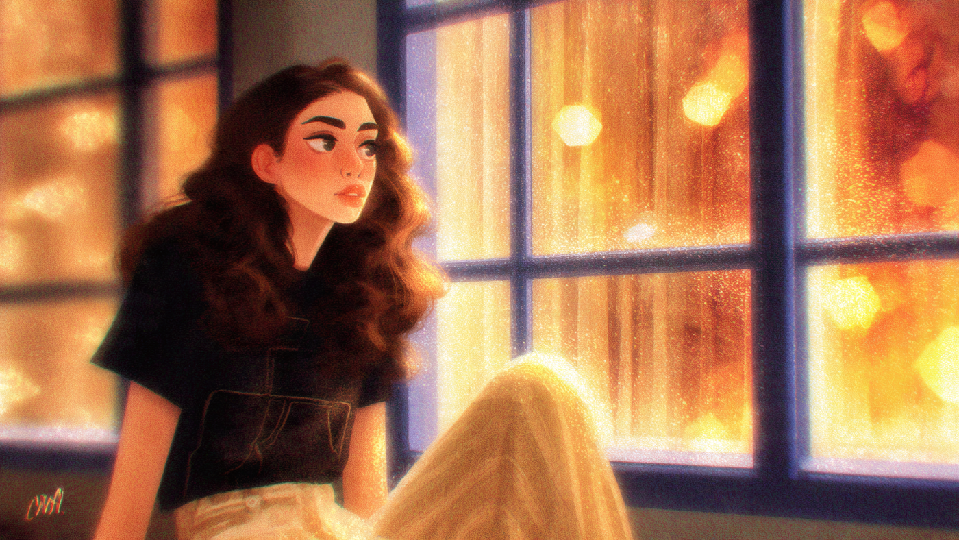 Girl Gazing Out Window Art Illustration Wallpaper