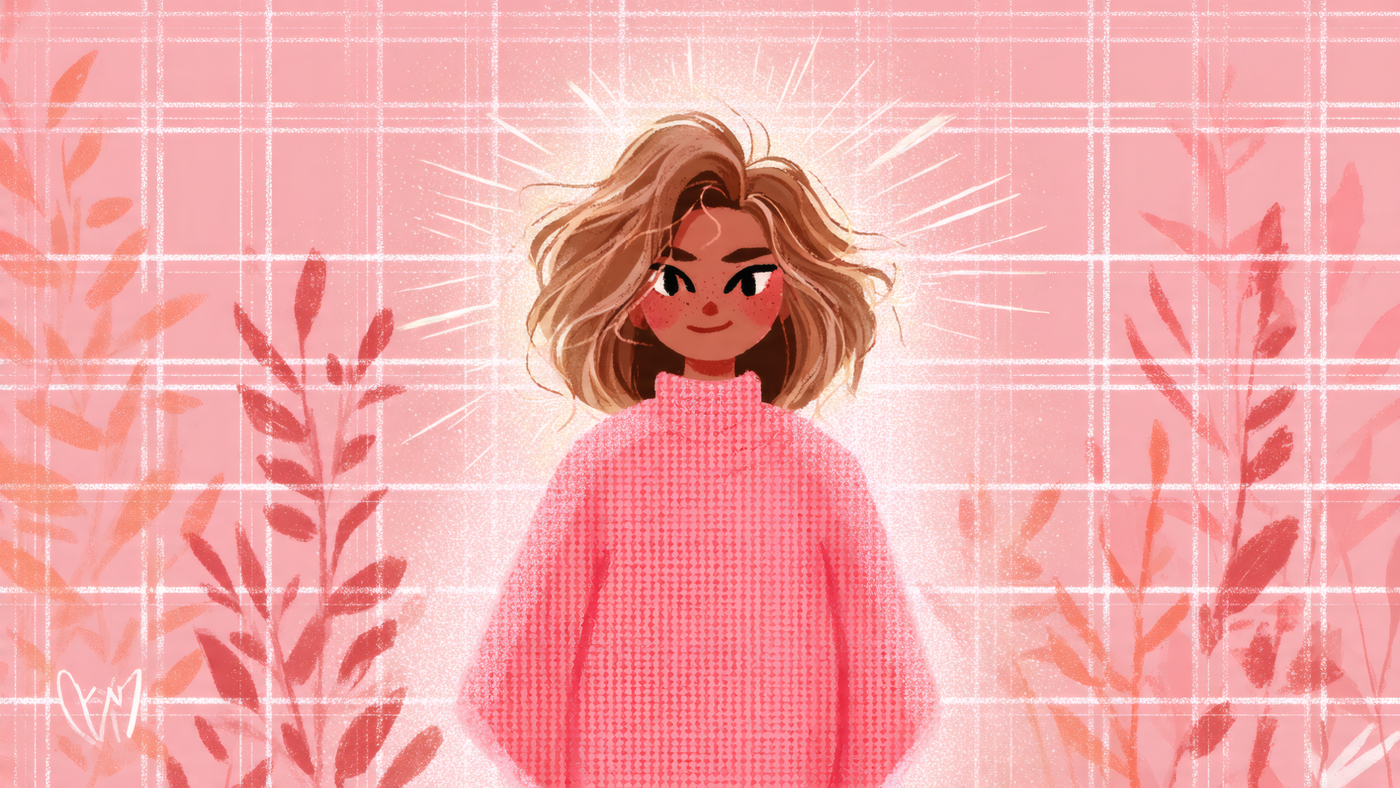 Cartoon Girl in Pink Sweater Illustration Wallpaper
