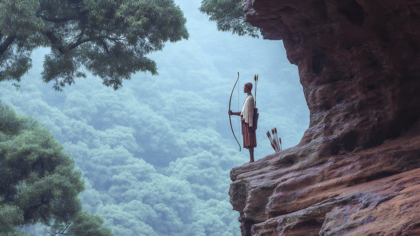 Archer on Cliff Edge Overlooking Misty Forest Wallpaper