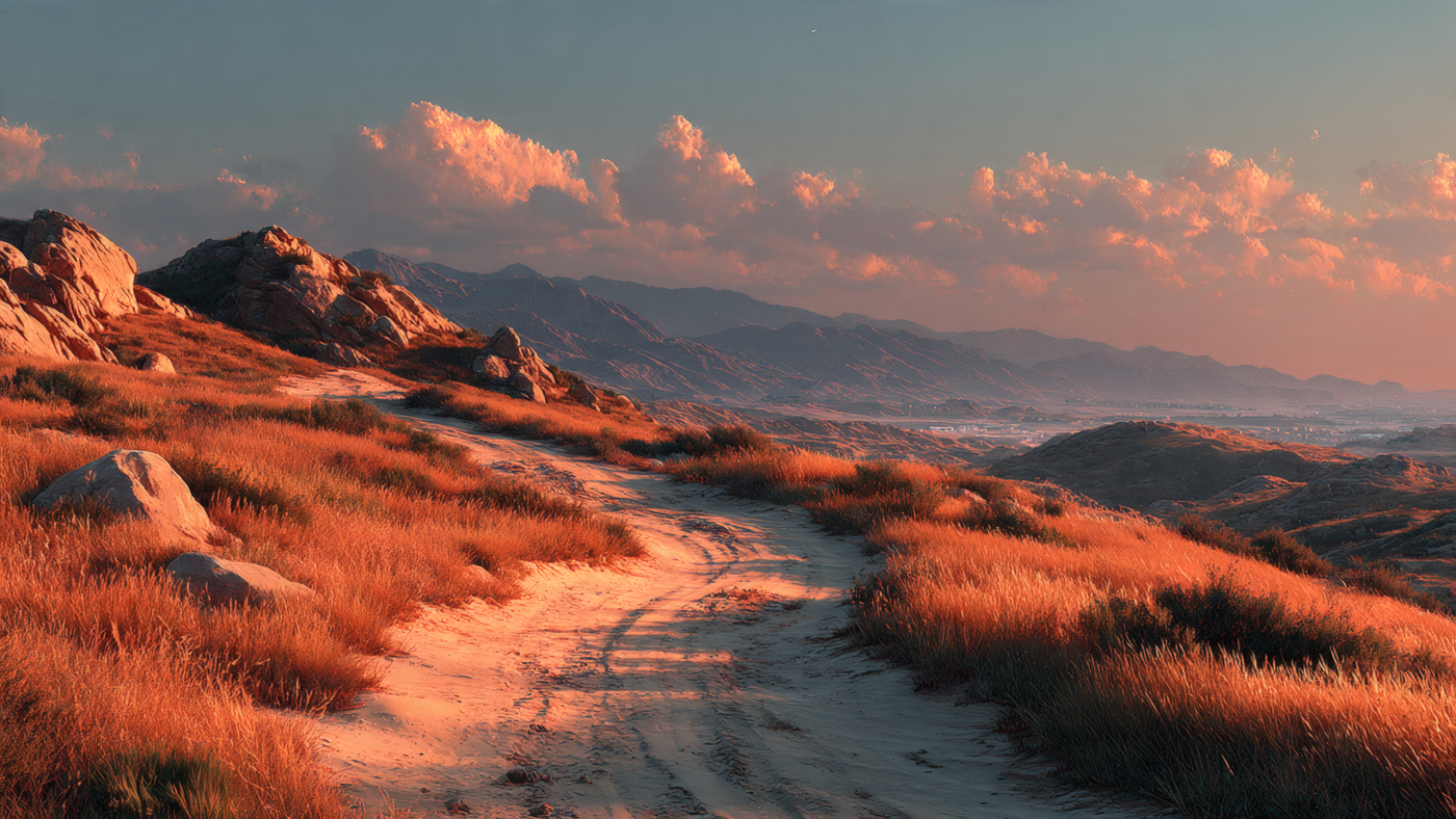 Desert Road Landscape with Mountains at Sunset