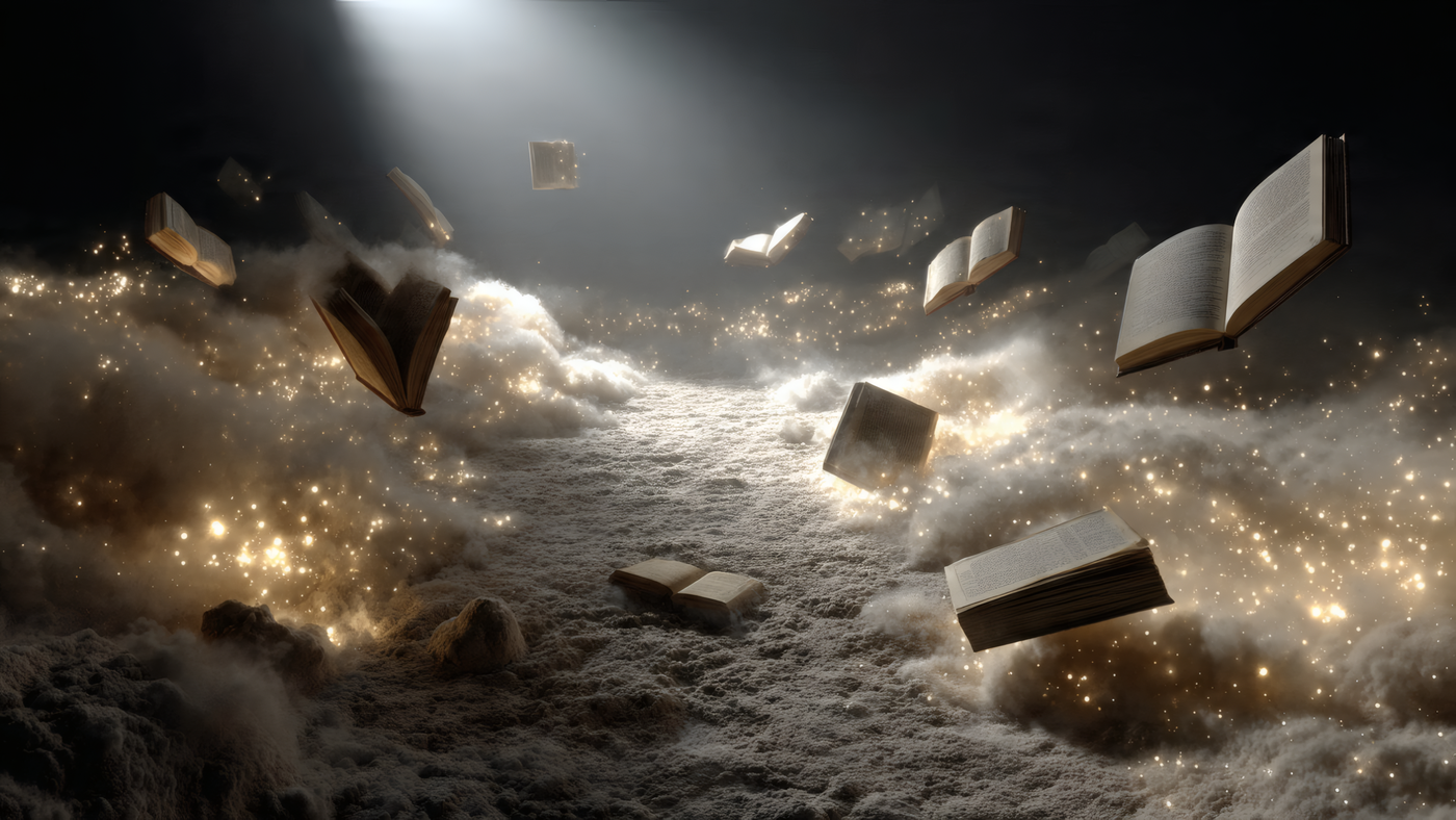 Books Flying in a Dreamy Landscape