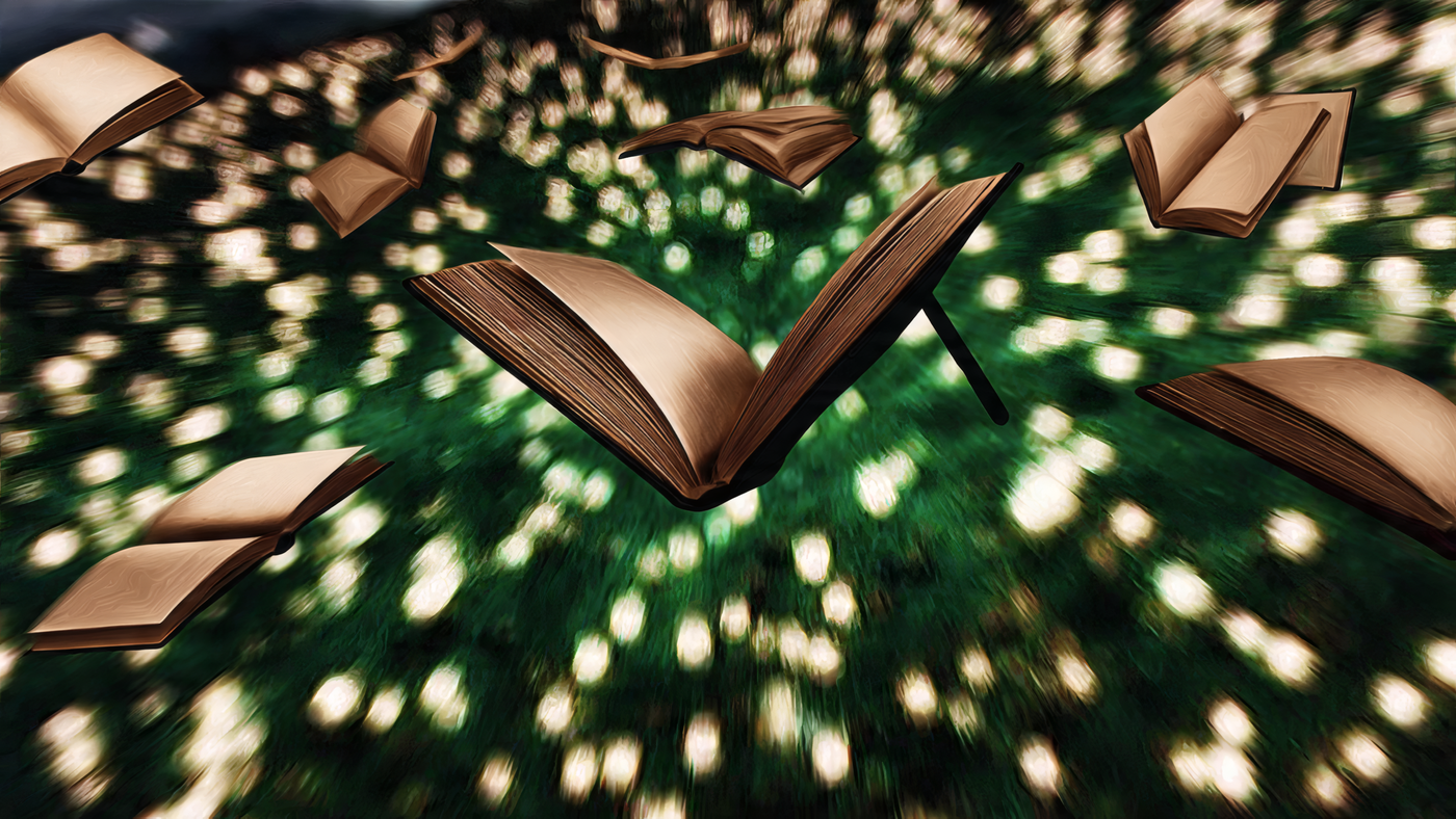 Floating Books on Green Bokeh Background