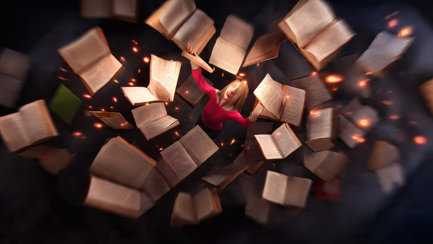 Woman and Floating Open Books