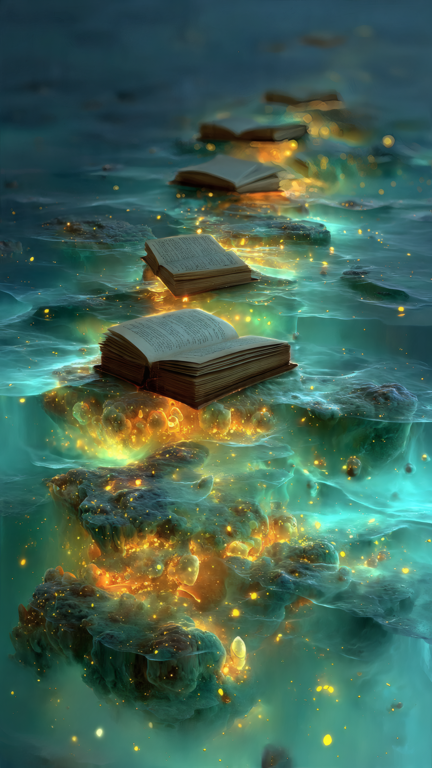Floating Books on Luminous Rocks