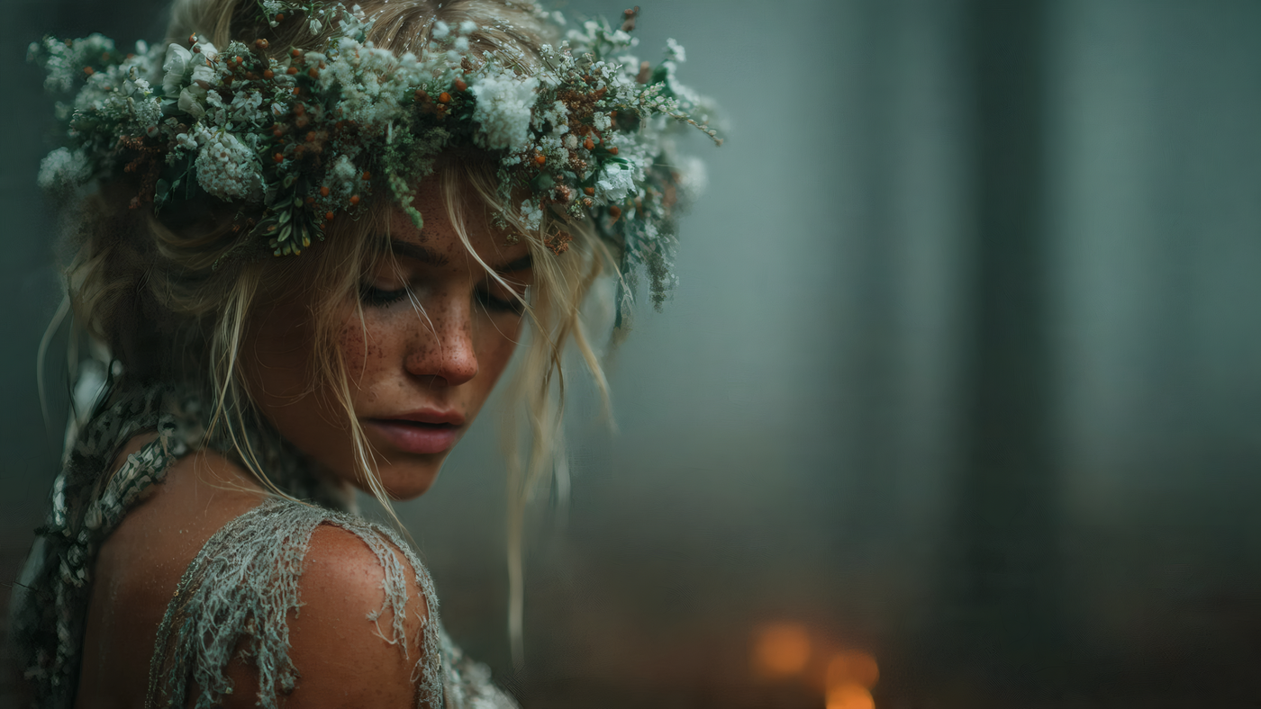 Woman with Flower Crown in Moody Lighting Wallpaper