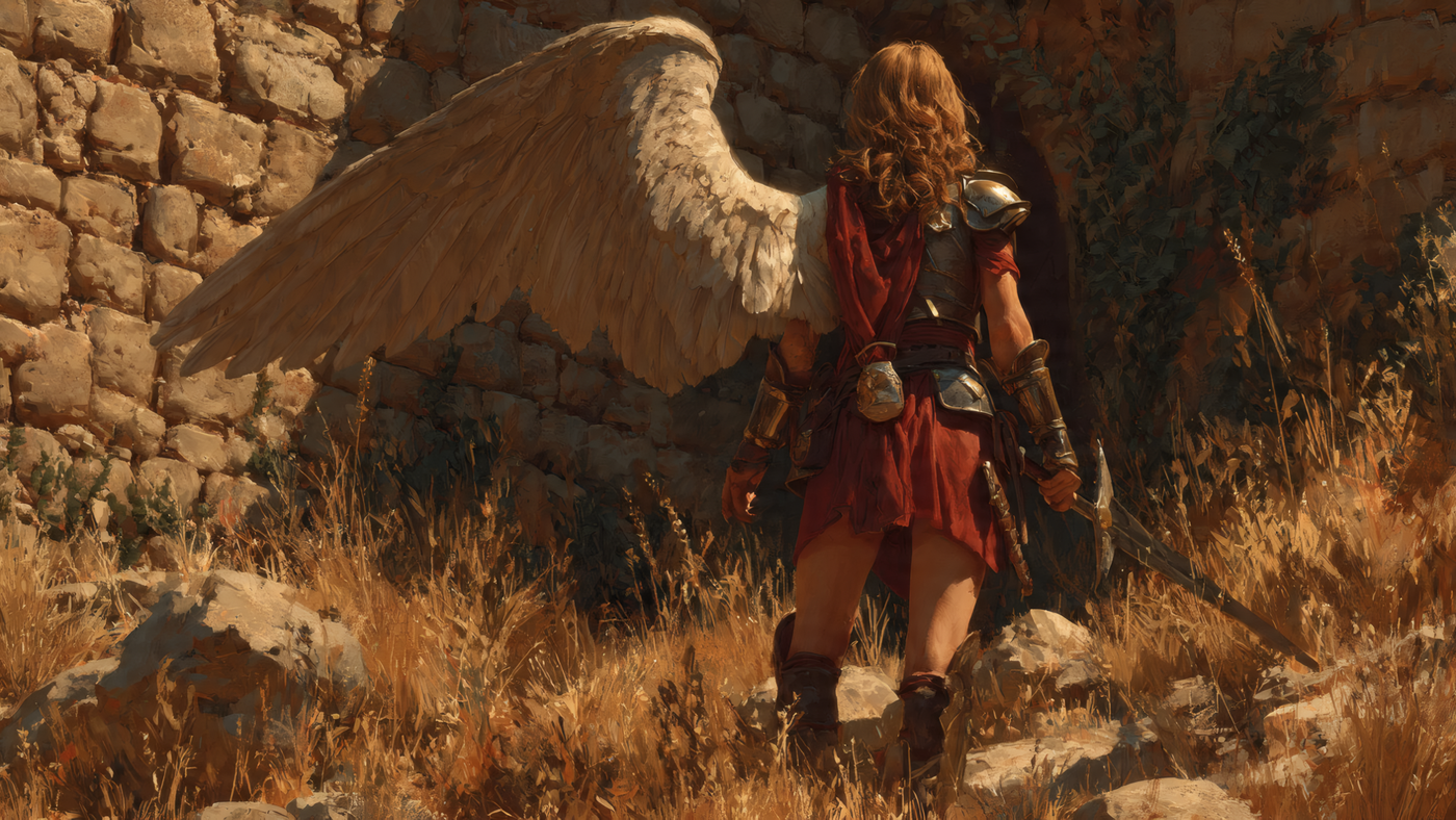 Winged Warrior with Sword in Wilderness Wallpaper