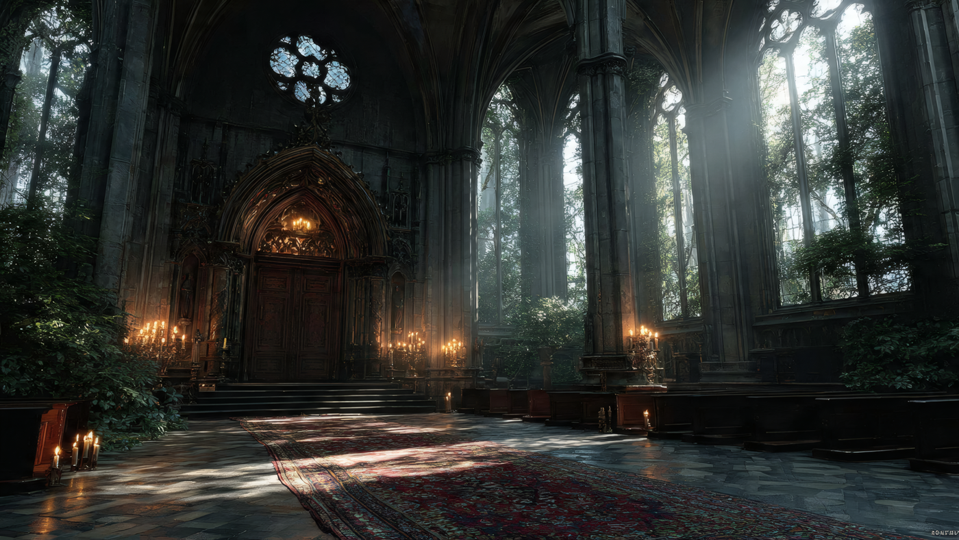 Overgrown Gothic Church Hall Interior