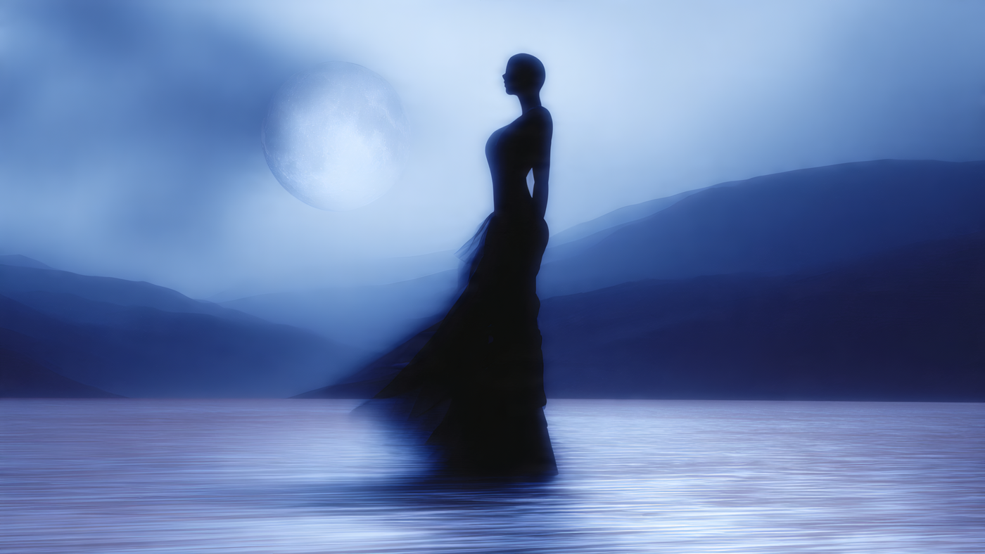 Silhouette of Woman by Moonlight Water