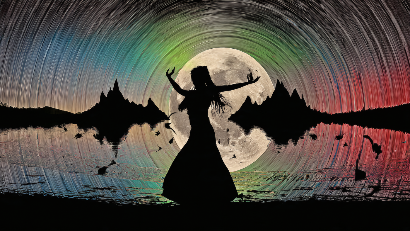 Silhouette Woman with Moon and Star Trails