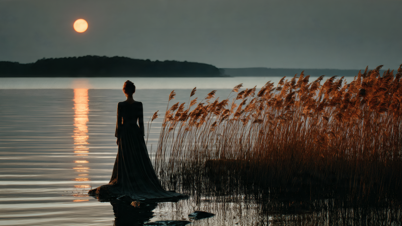 Woman in Dark Dress by Lake at Sunset