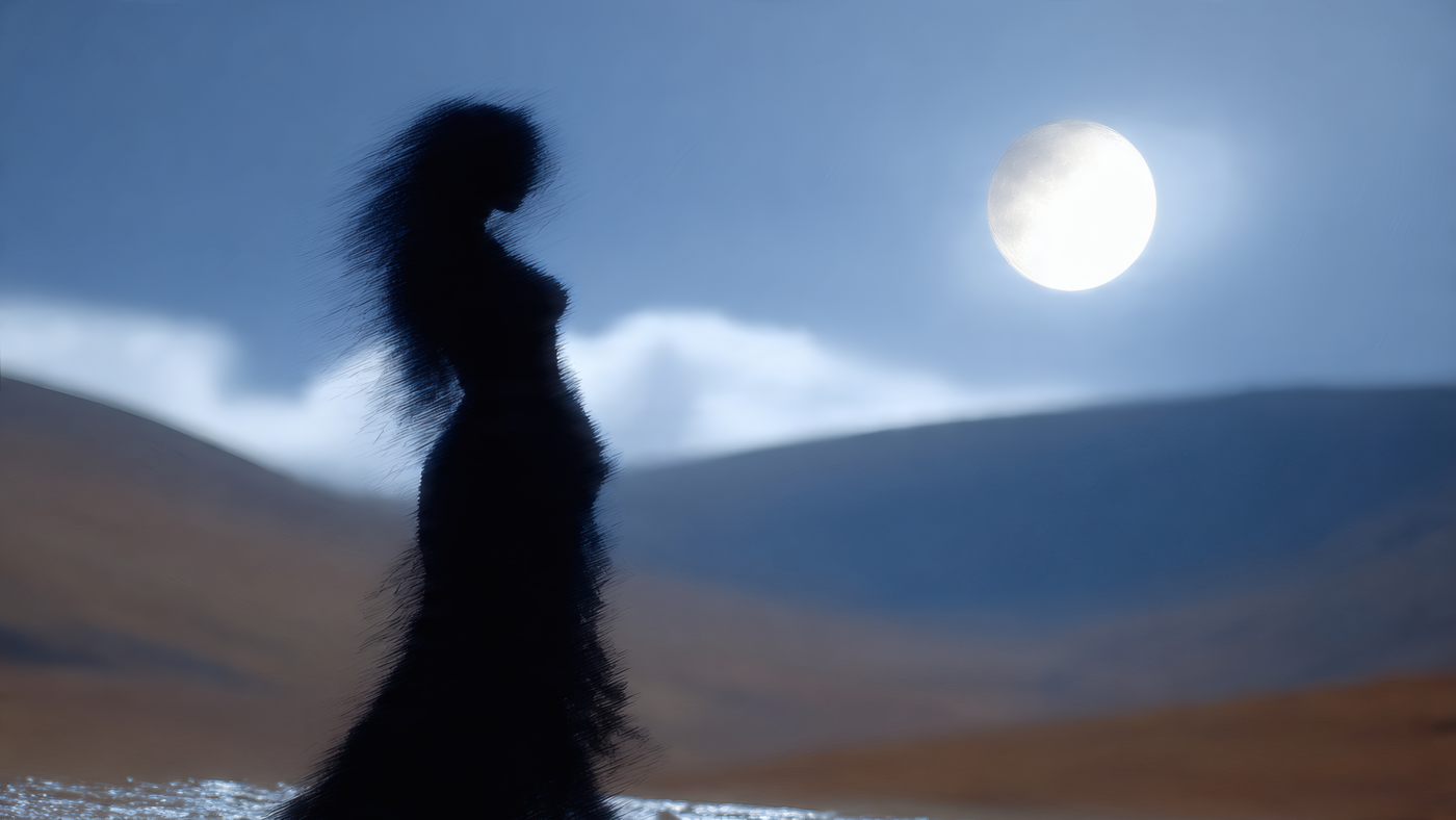 Silhouette of Woman with Moon in Background