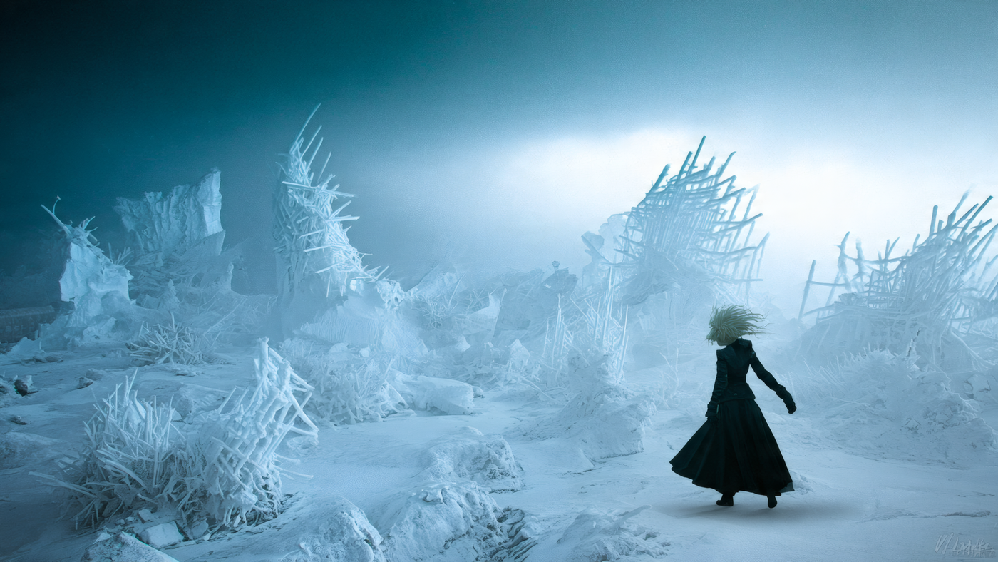 Woman in Black Dress in Winter Landscape