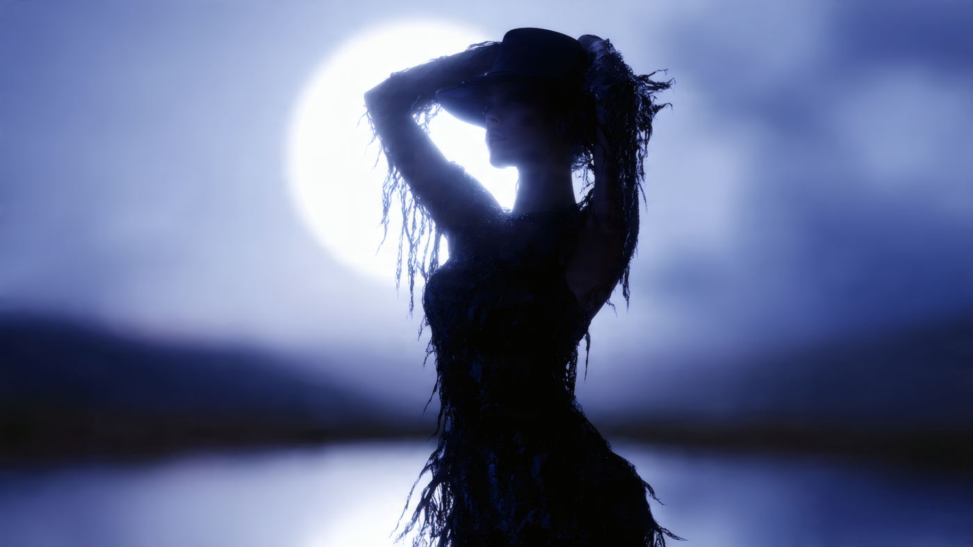 Mysterious Silhouette of Woman in Moonlight