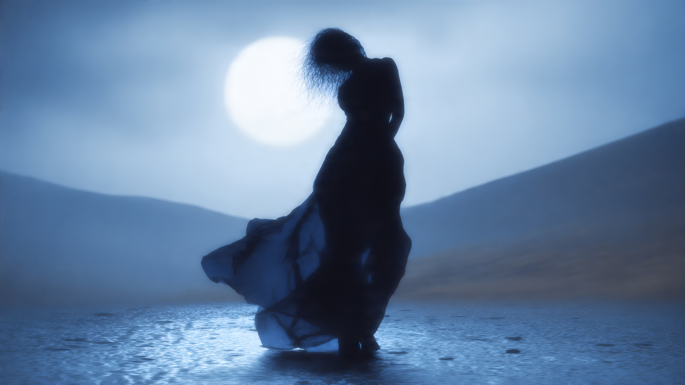 Woman Silhouette Under Moonlight